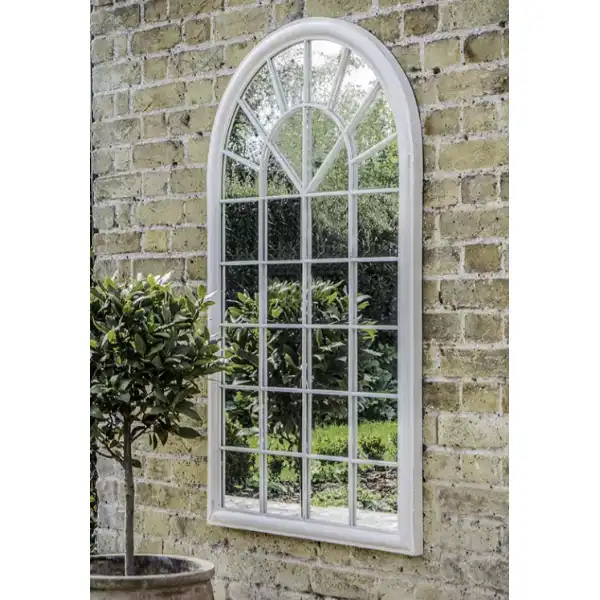 Outdoor Garden Multi Window Pane Arched Top Wall Mirror Distressed White Painted