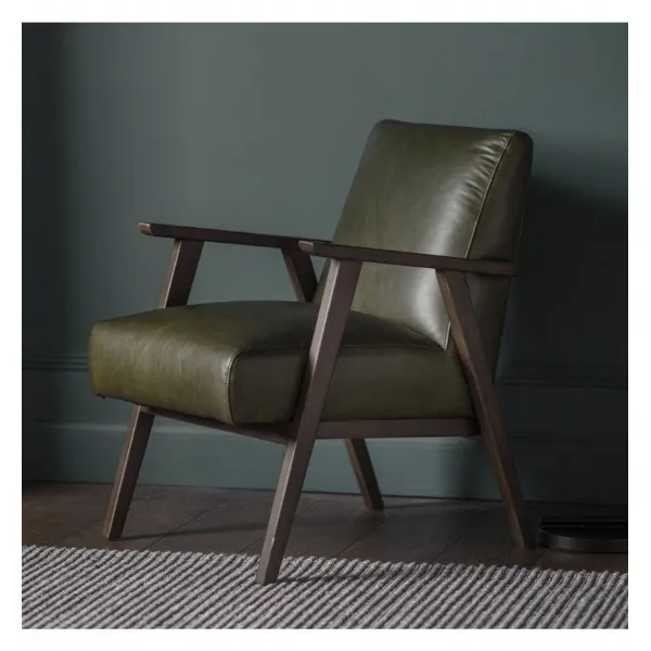 Vintage Green Leather Armchair Dark Wooden Arms