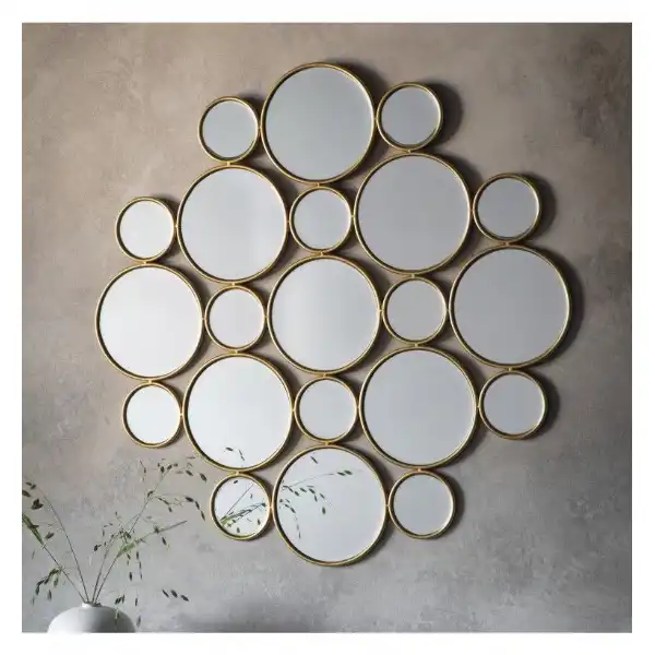 Cluster of Gold Framed and Beveled Glass Wall Hanging Multi Circle Mirrors