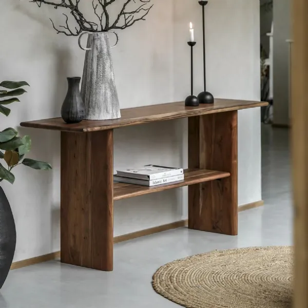 Natural Wood Large Console Table with Lower Shelf