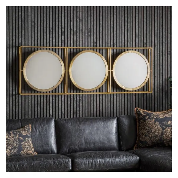 Large 3 Round Brass Gold Mirrors in Rectangular Frame