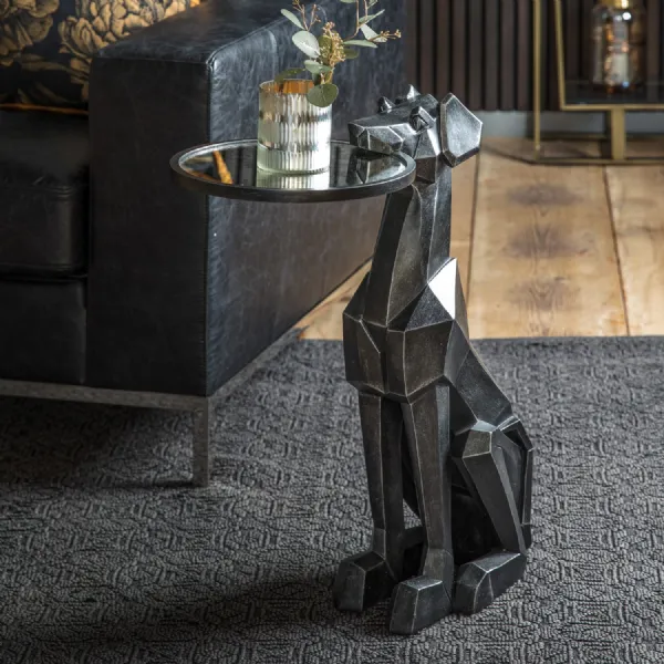 Abstract Black Dog Statue Side Table with Glass Top