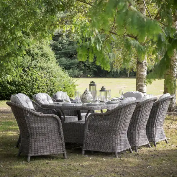 Grey Rattan Oval Garden Dining Table and 8 Chair Set with Cushions