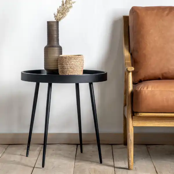 Black Wood and Metal Round Side Table