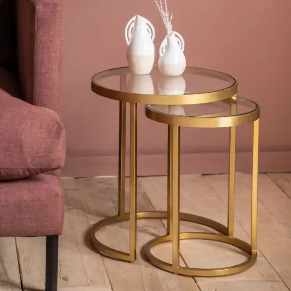 Gold Metal Round Nest of 2 Side Tables Clear Glass Tops