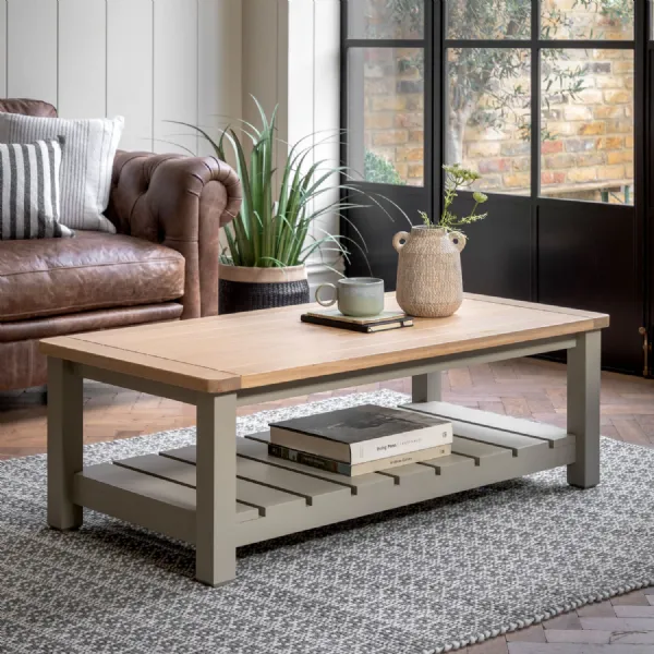 Grey Painted Oak Top Low Coffee Table with Shelf