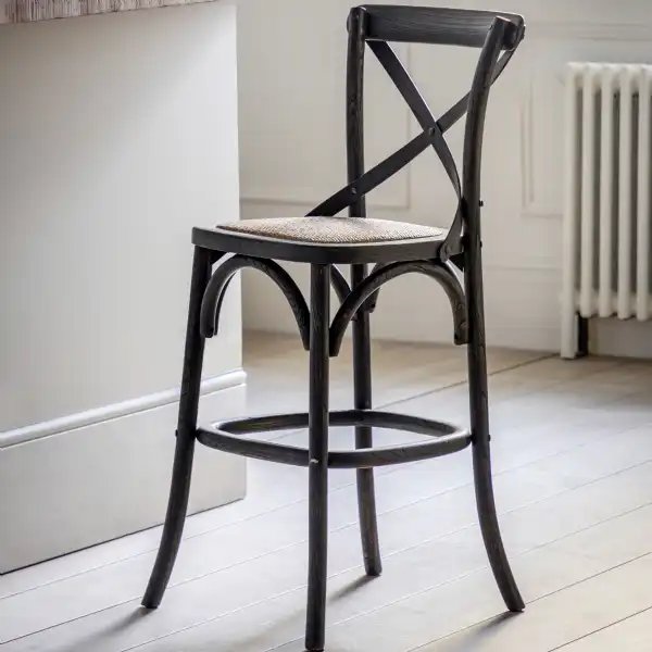 French Bistro Black Wooden Bar Stool with Rattan Seat