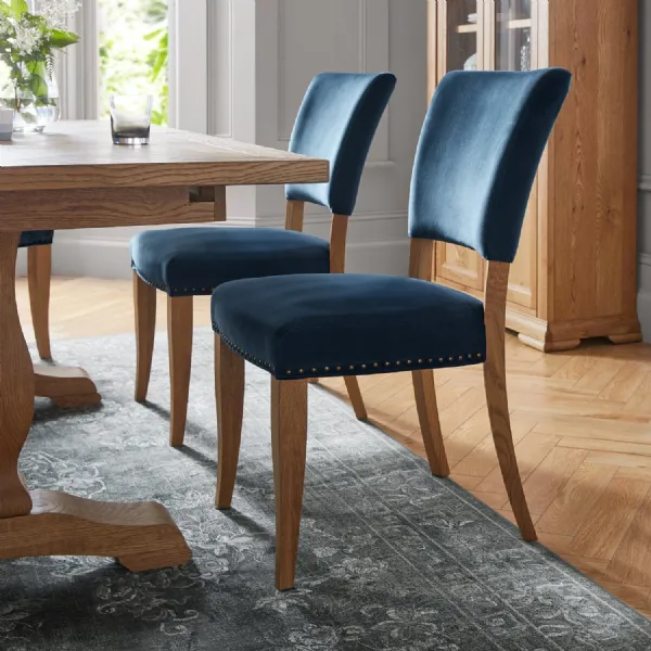 Pair of Blue Velvet Fabric Rustic Oak Dining Chairs