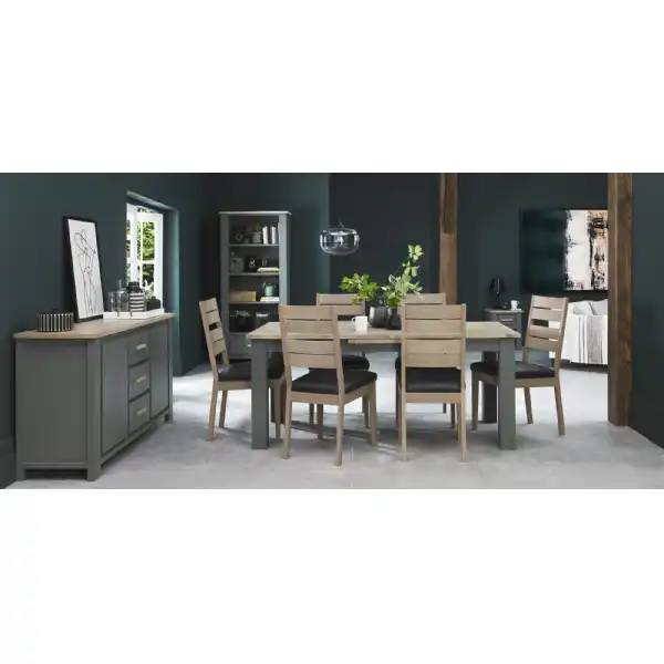 Dark Oak Extending Dining Table Set 6 Grey Leather Chairs