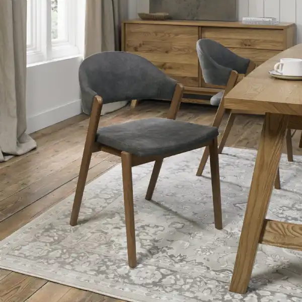 Rustic Oak Dining Chair Dark Grey Fabric Upholstered