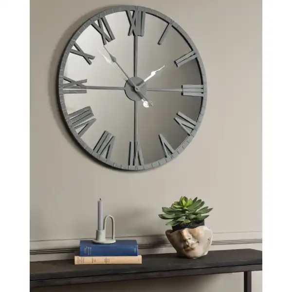 Grey Metal Round Wall Clock with Mirrored Glass Face