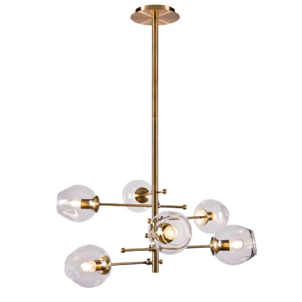 Brass Iron Bubble Pendant Ceiling Light 6 Clear Glass Spheres