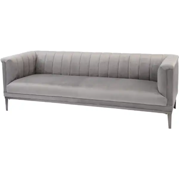 Grey Velvet Fabric 3 Seater Ribbed Sofa Matt Metal Trimmed