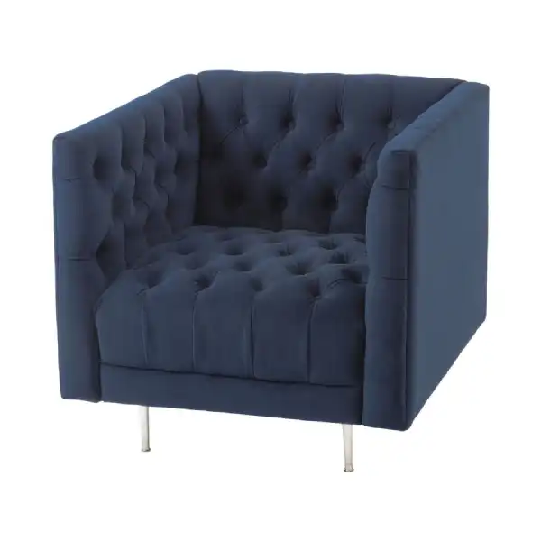 Blue Velvet Fabric Buttoned Occasional Chair