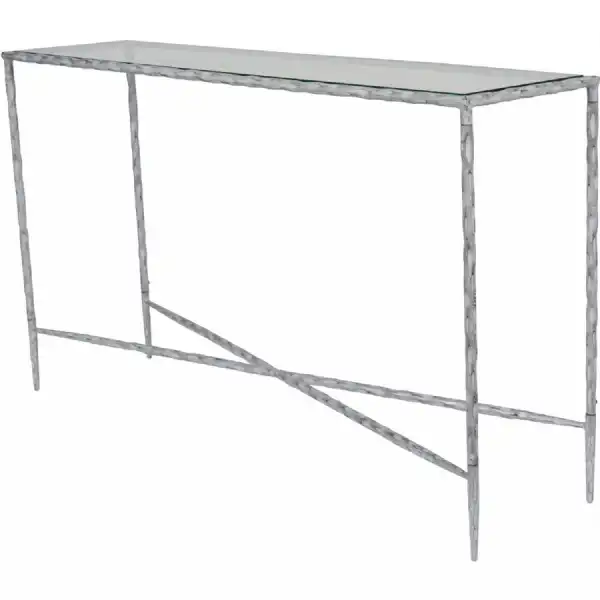 Large Chalk White Metal Console Table with Glass Top