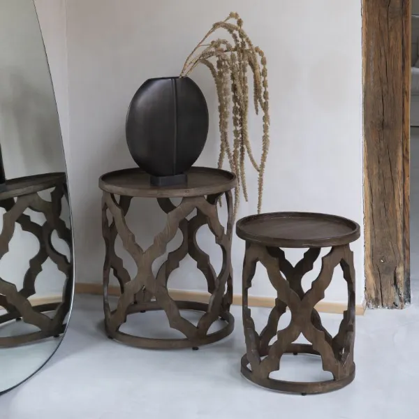 Brown Mango Wooden Carved Round Set of 2 Side Tables
