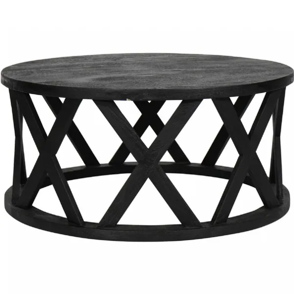 Black Solid Wood Criss Cross Round Coffee Table