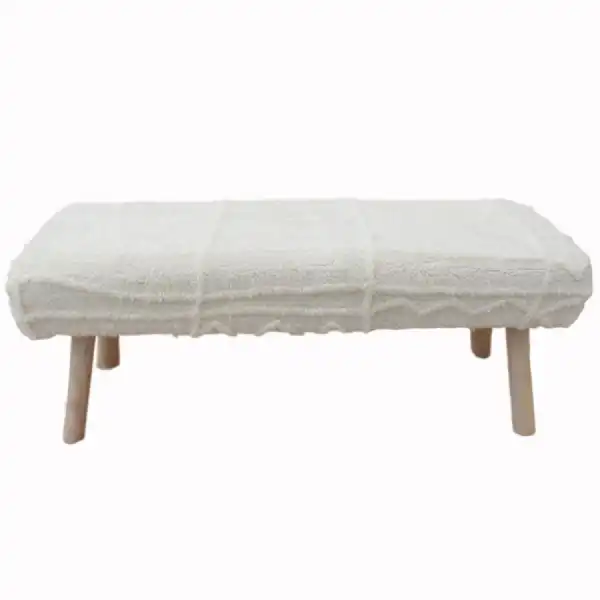 Ivory White Small Natural Wooden Bench Wool and Cotton Seat