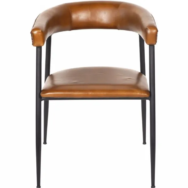 Brown Leather Curved Back Dining Chair Black Metal Legs
