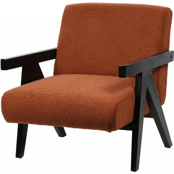 Orange Boucle Fabric Upholstered Armchair Wooden Frame