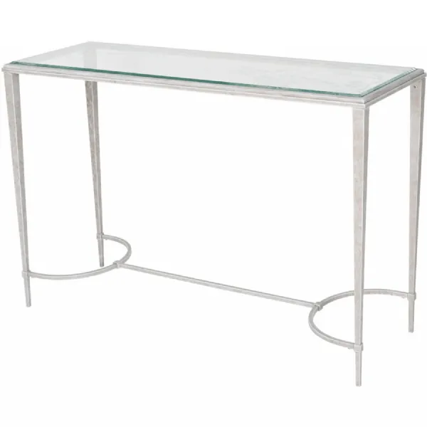 Etched Glass Top Console Table Distressed White Iron Legs