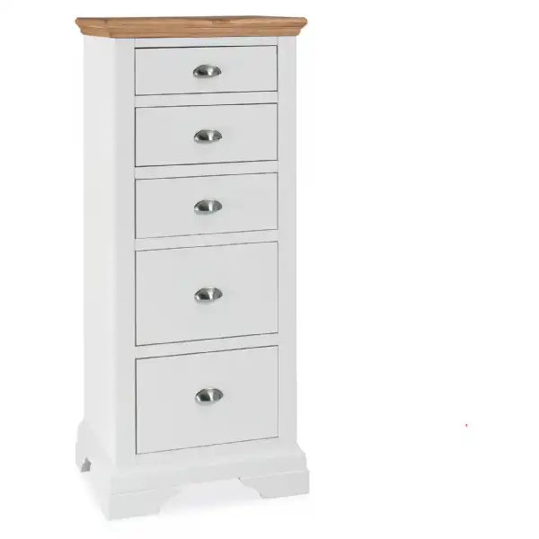 2 Tone Ivory Painted And Oak Top 5 Drawer Tallboy Chest