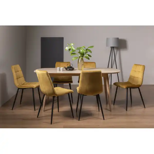 Oak Oval Dining Table Set 6 Yellow Velvet Fabric Chairs