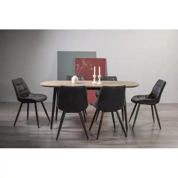 Weathered Oak Dining Set 6 Dark Grey Leather Chairs