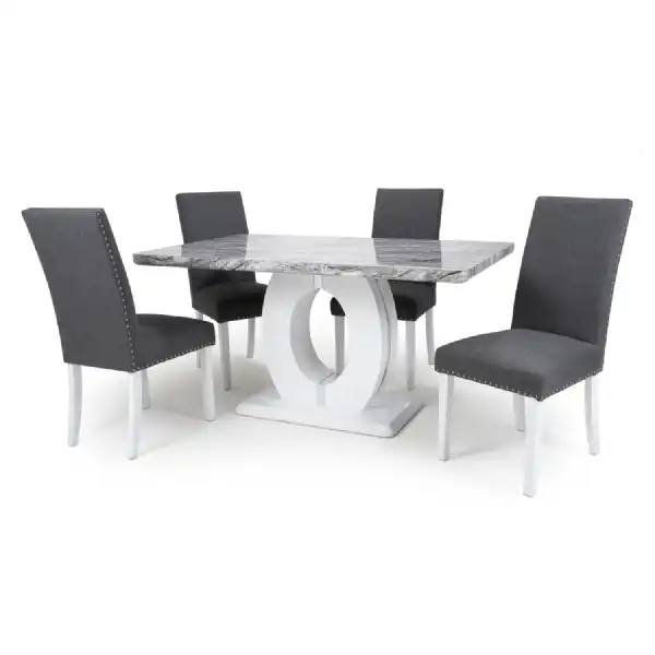 Marble Rectangular Dining Table Set 4 Steel Grey Chairs