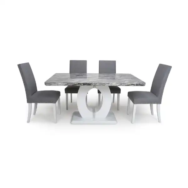 Grey White Marble Top Dining Table Set and 4 Grey Chairs