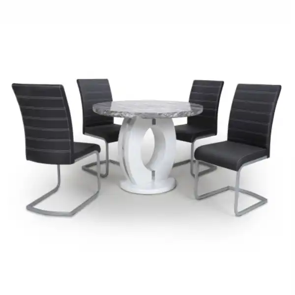 Marble Round Dining Table Set 4 Black Leather Chairs