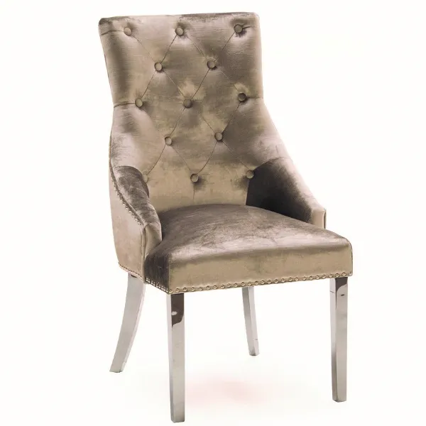 Champagne Velvet Dining Chair Knocker Back Metal Legs