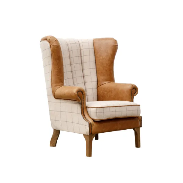 Leather And Fabric Fluted Wing Chair Oak Legs