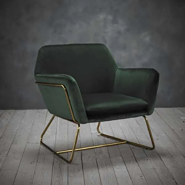 Racing Green Velvet Fabric Upholstered Luxury Armchair Gold Metal Framed