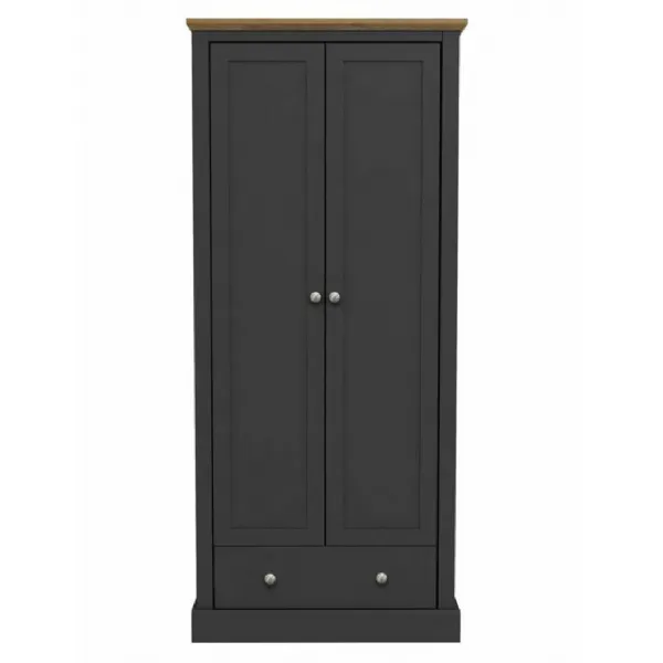 Charcoal Wood 2 Door 1 Drawer Double Narrow Wardrobe with Oak Top 181cm Tall x 80cm Wide