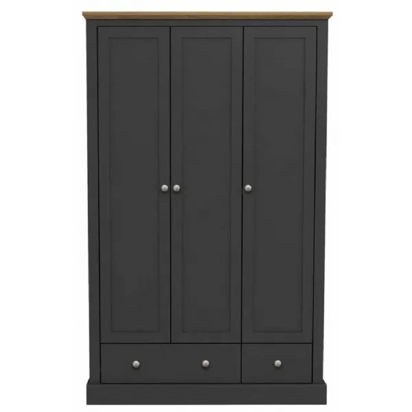 Charcoal Wooden 3 Door 2 Drawer Triple Wardrobe with Cornice Oak Top