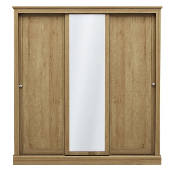 Traditional Oak Wooden Large 3 Door Triple Sliding Wardrobe with Centre Mirror