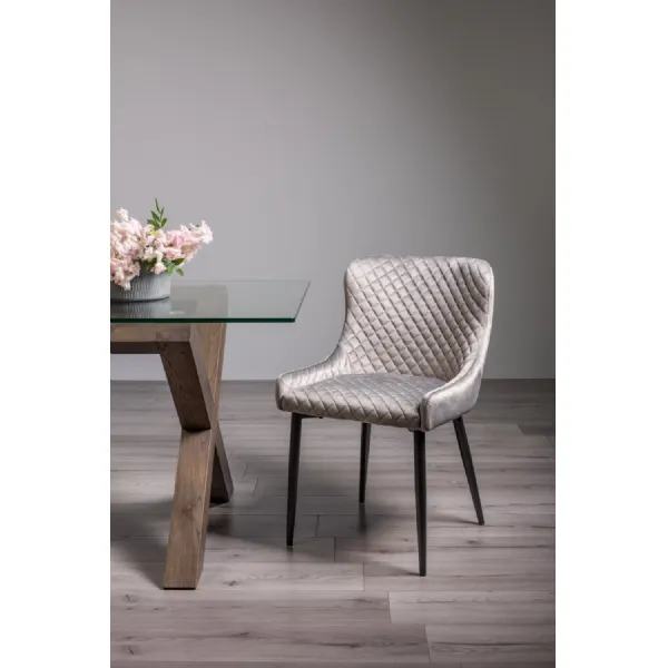 Grey Velvet Fabric Dining Chair Diamond Stitched Black Legs