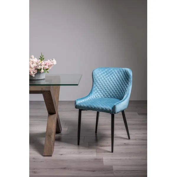 Blue Velvet Fabric Dining Chair Diamond Pattern
