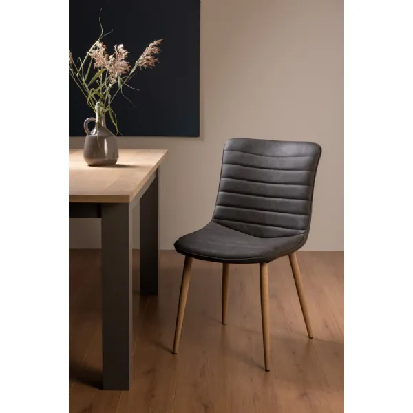 Dark Grey Ribbed Leather Dining Chair Oak Legs