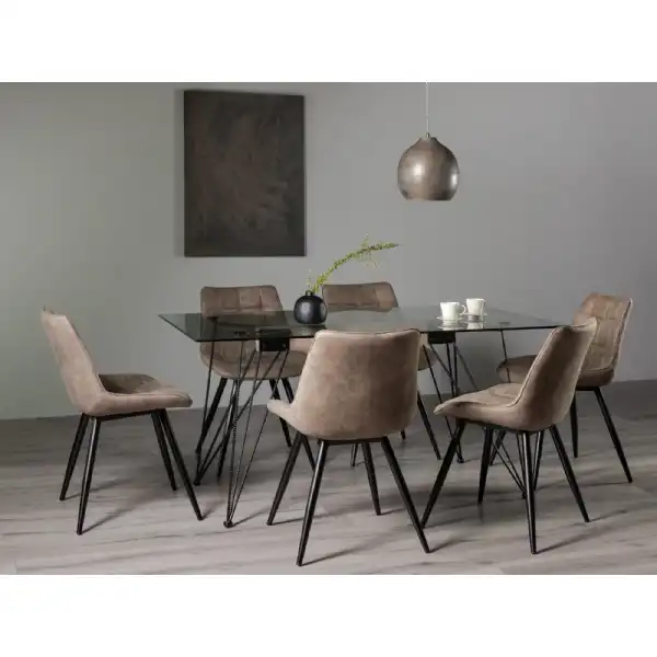 Large Clear Glass Dining Table Set 6 Tan Brown Suede Chairs