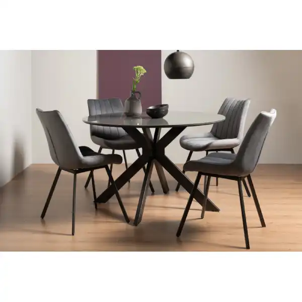 Grey Glass Round Dining Table Set 4 Grey Velvet Chairs
