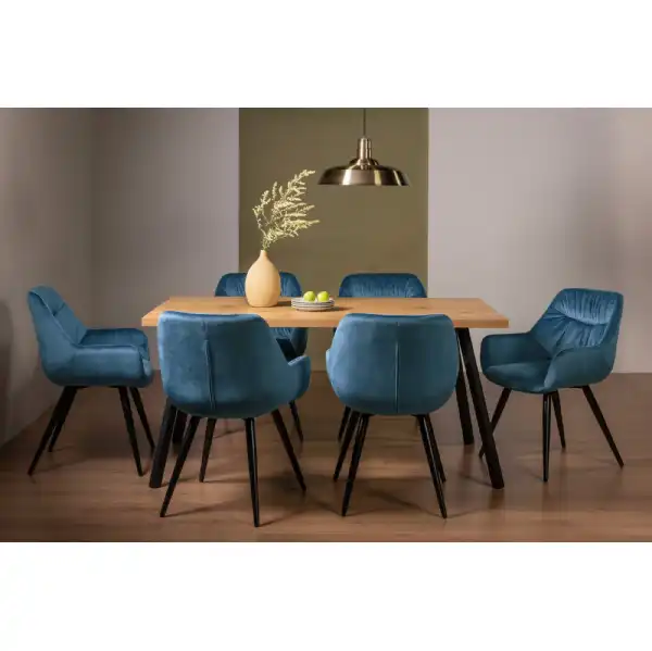 Rustic Oak Dining Table Set 6 Blue Velvet Dining Chairs