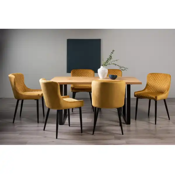 Oak Rectangular Table 6 Yellow Velvet Chairs Dining Set