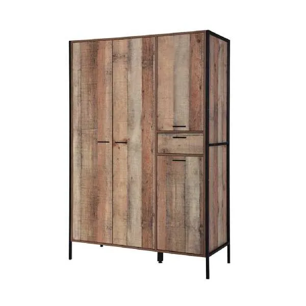 Distressed Oak Wood Effect 4 Door Tall Wardrobe Industrial Chic 180cm Tall x 124cm Wide