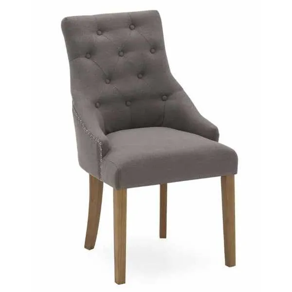 Grey Linen Fabric Buttoned Studded Dining Chair Wooden Legs