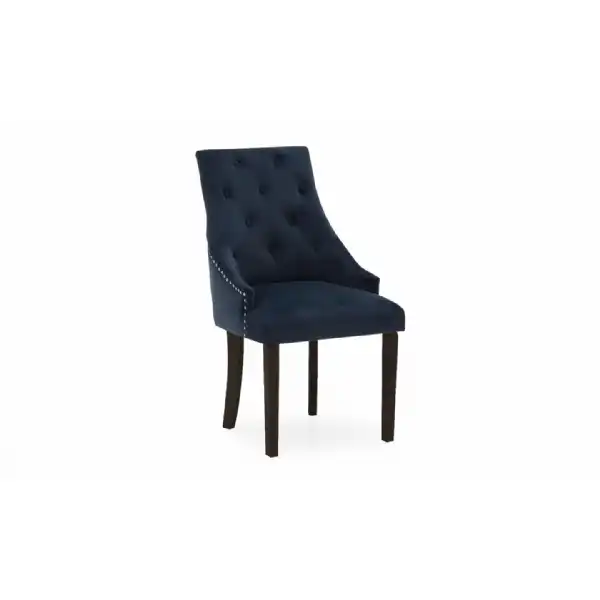Dark Blue Buttoned Velvet Dining Chair Dark Wood Legs