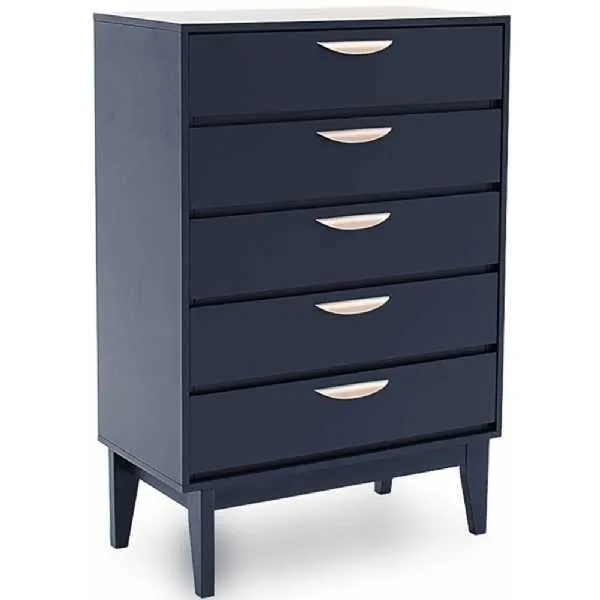 Modern Blue Painted Tall Narrow Chest of 5 Drawers Champagne Metal Handles