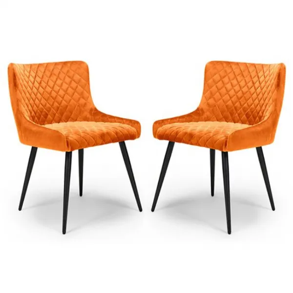 Set of 4 Orange Quilted Fabric Dining Chairs Black Legs