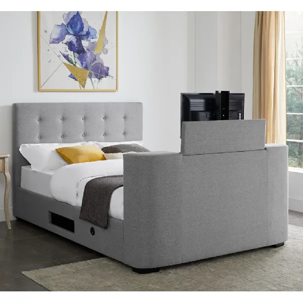 Grey Fabric Upholstered Double 135cm 4ft6in TV Bed with Integrated Foot End